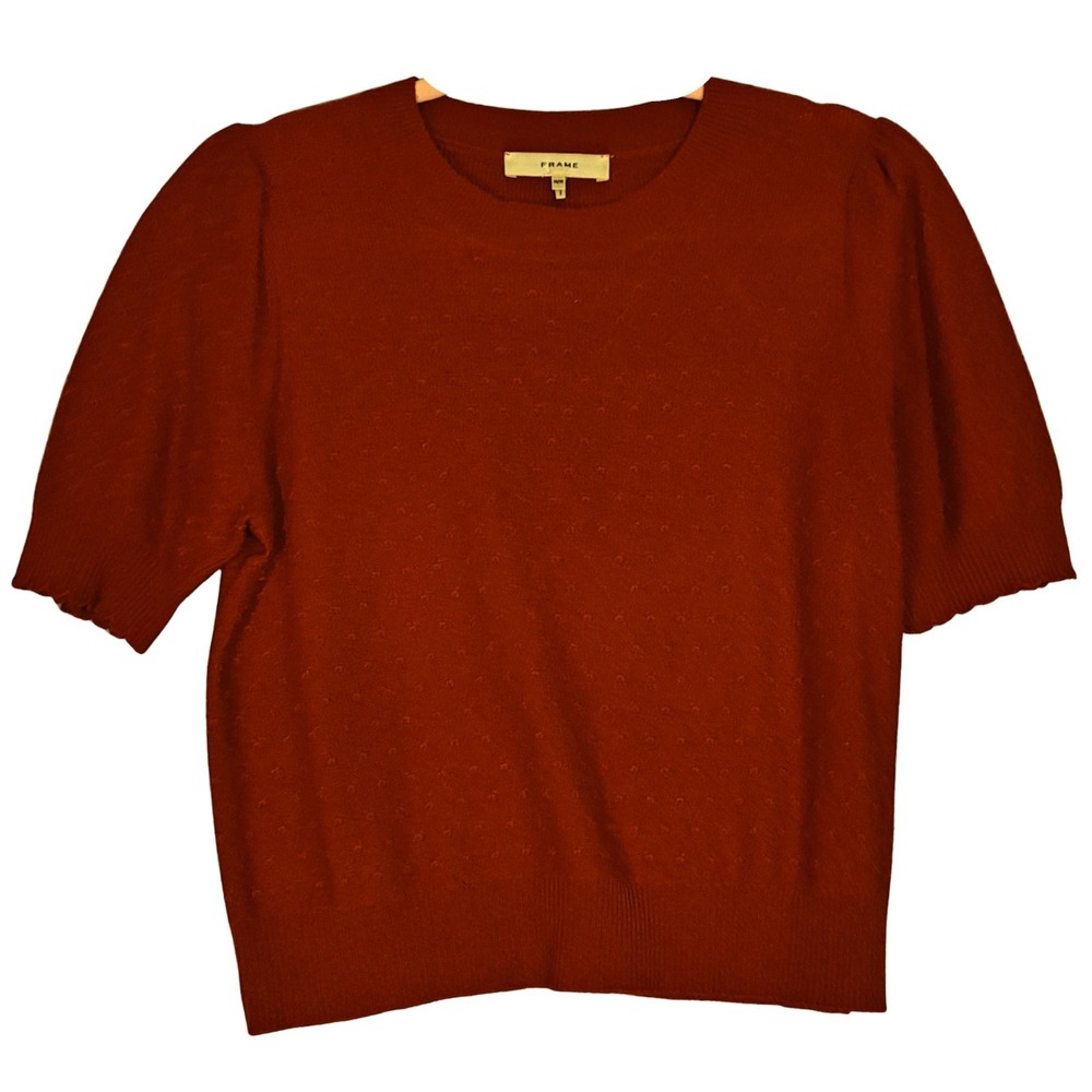 FRAME Cashmere Short Sleeve Sweater Womens Medium Paprika Orange Pointelle Knit